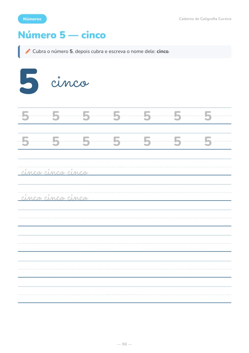 Amostra real do caderno: número 5 por extenso