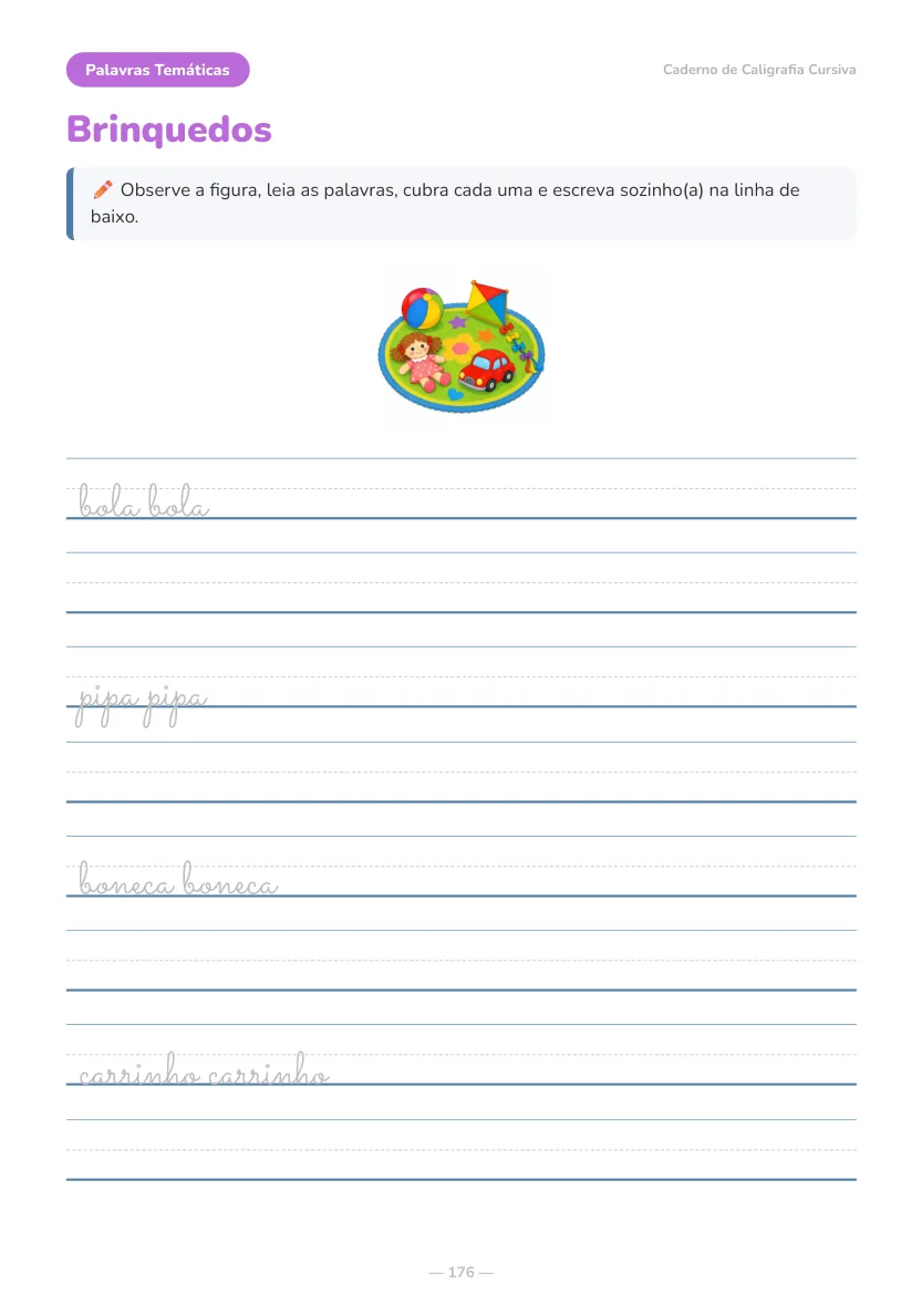 Amostra real do caderno: palavras temáticas, brinquedos