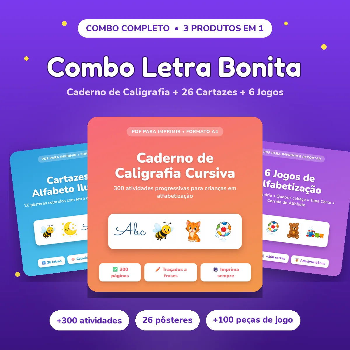 Combo Letra Bonita: Caderno de Caligrafia + Cartazes do Alfabeto + 6 Jogos